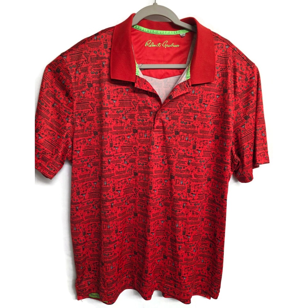 Robert Graham Mens Red Cocktail Recipe Print Short Sleeve Polo Shirt XL
